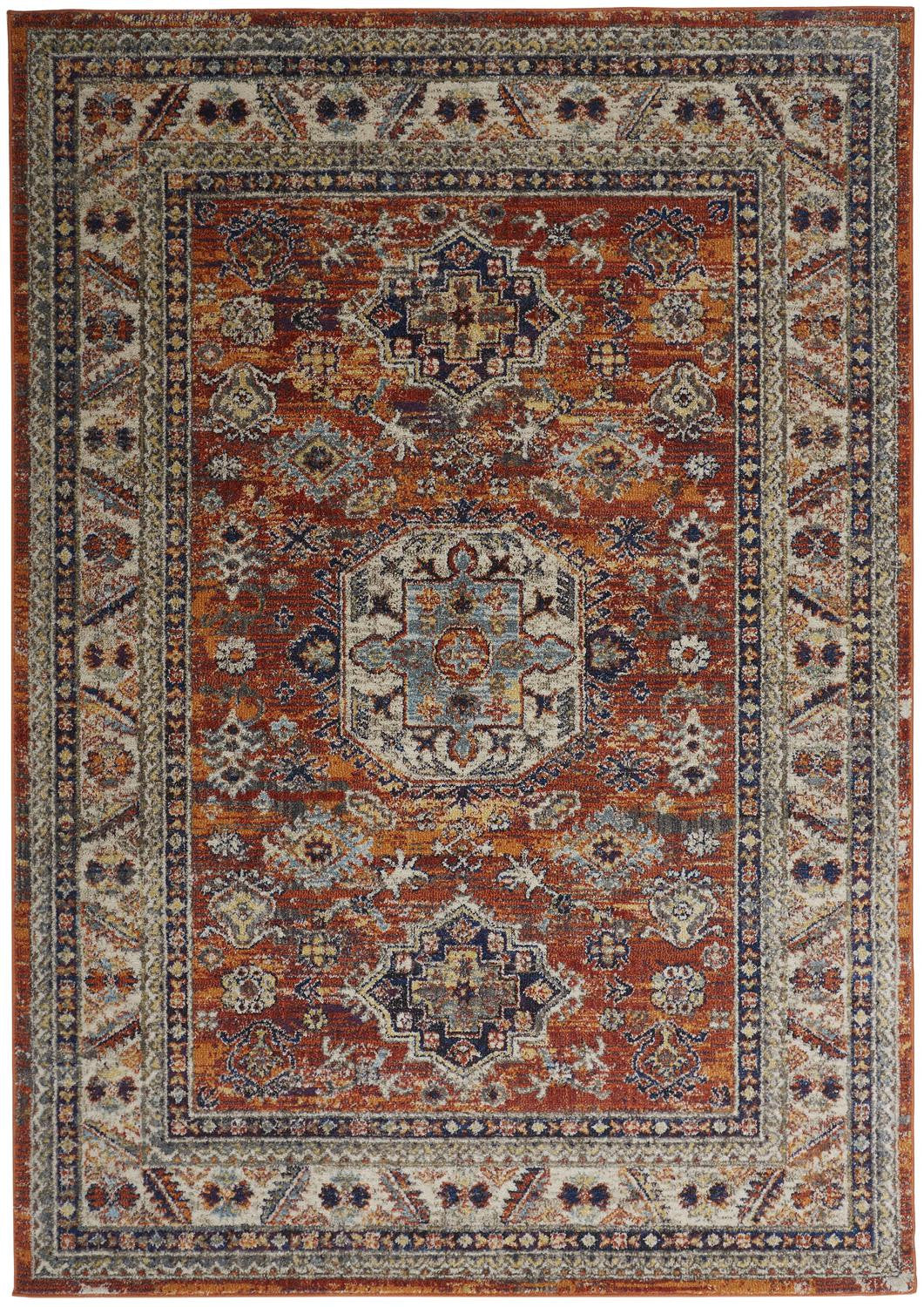 Taupe Gray And Blue Floral Stain Resistant Area Rug - 5' x 8'
