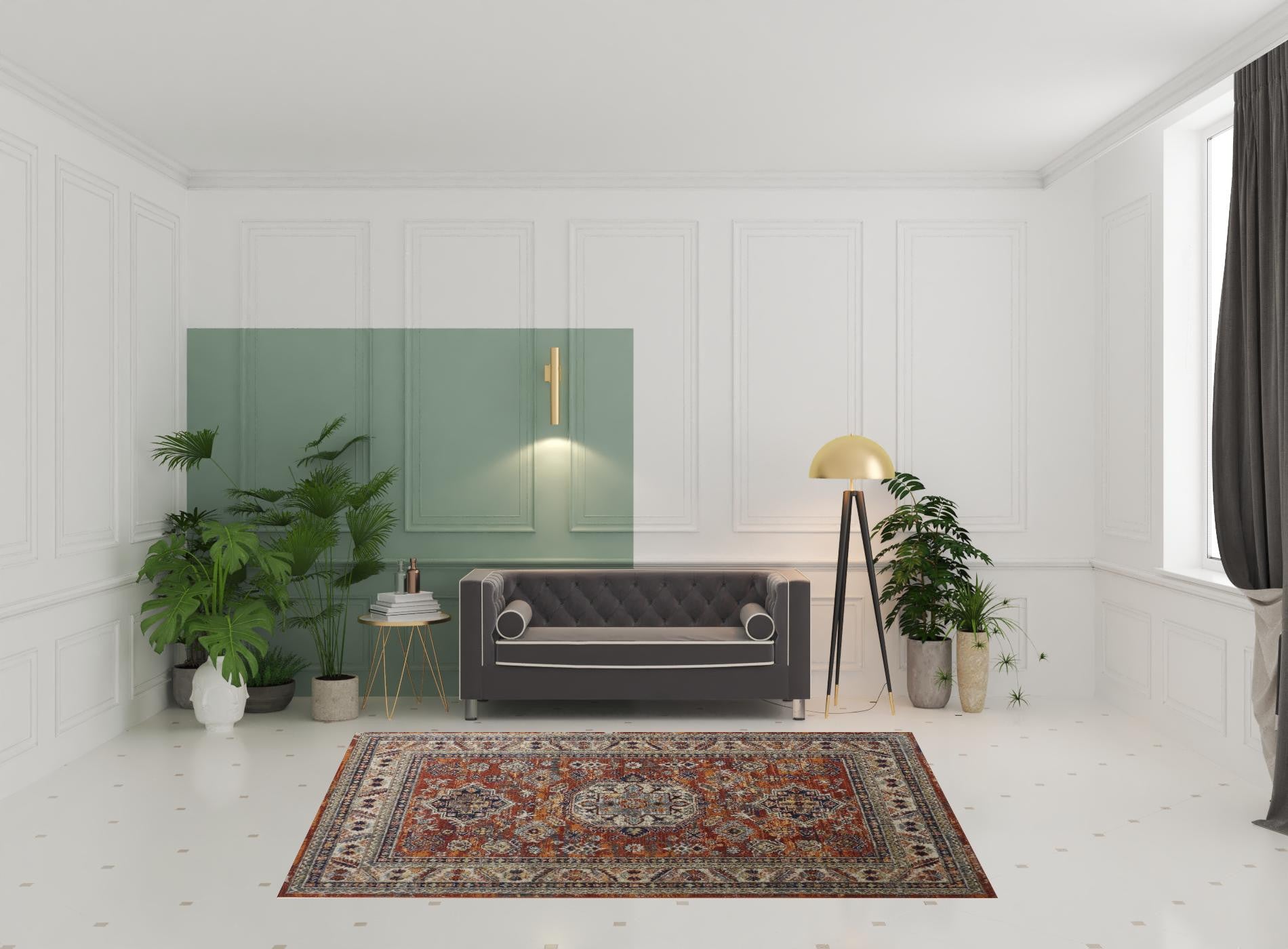 Taupe Gray And Blue Floral Stain Resistant Area Rug - 5' x 8'