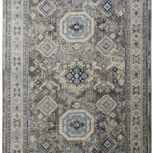 5' X 8' Gray Brown And Blue Floral Stain Resistant Area Rug