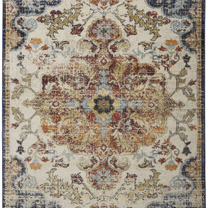 8' X 11' Ivory Gold And Blue Floral Stain Resistant Area Rug