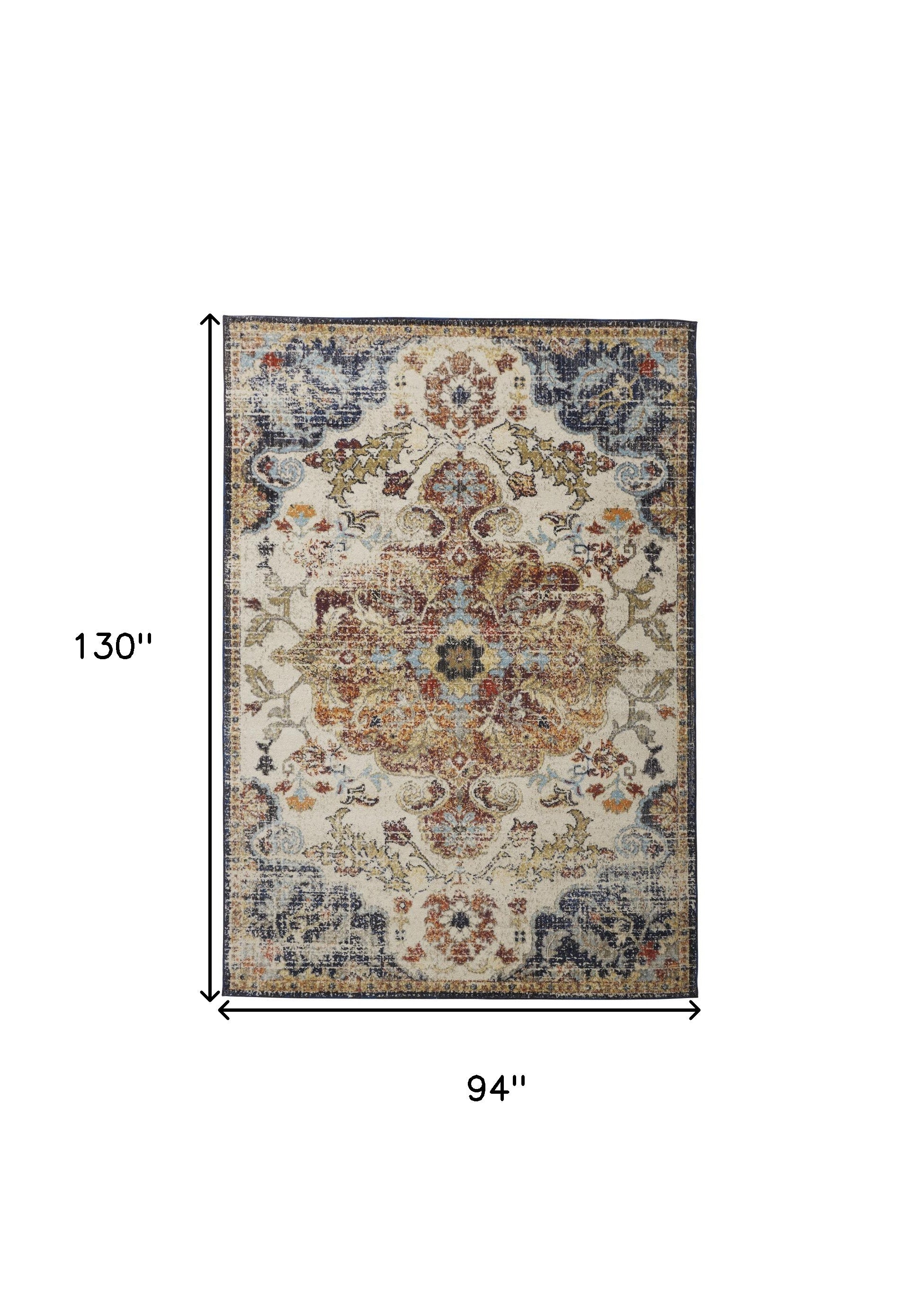 8' X 11' Ivory Gold And Blue Floral Stain Resistant Area Rug