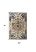 8' X 11' Ivory Gold And Blue Floral Stain Resistant Area Rug