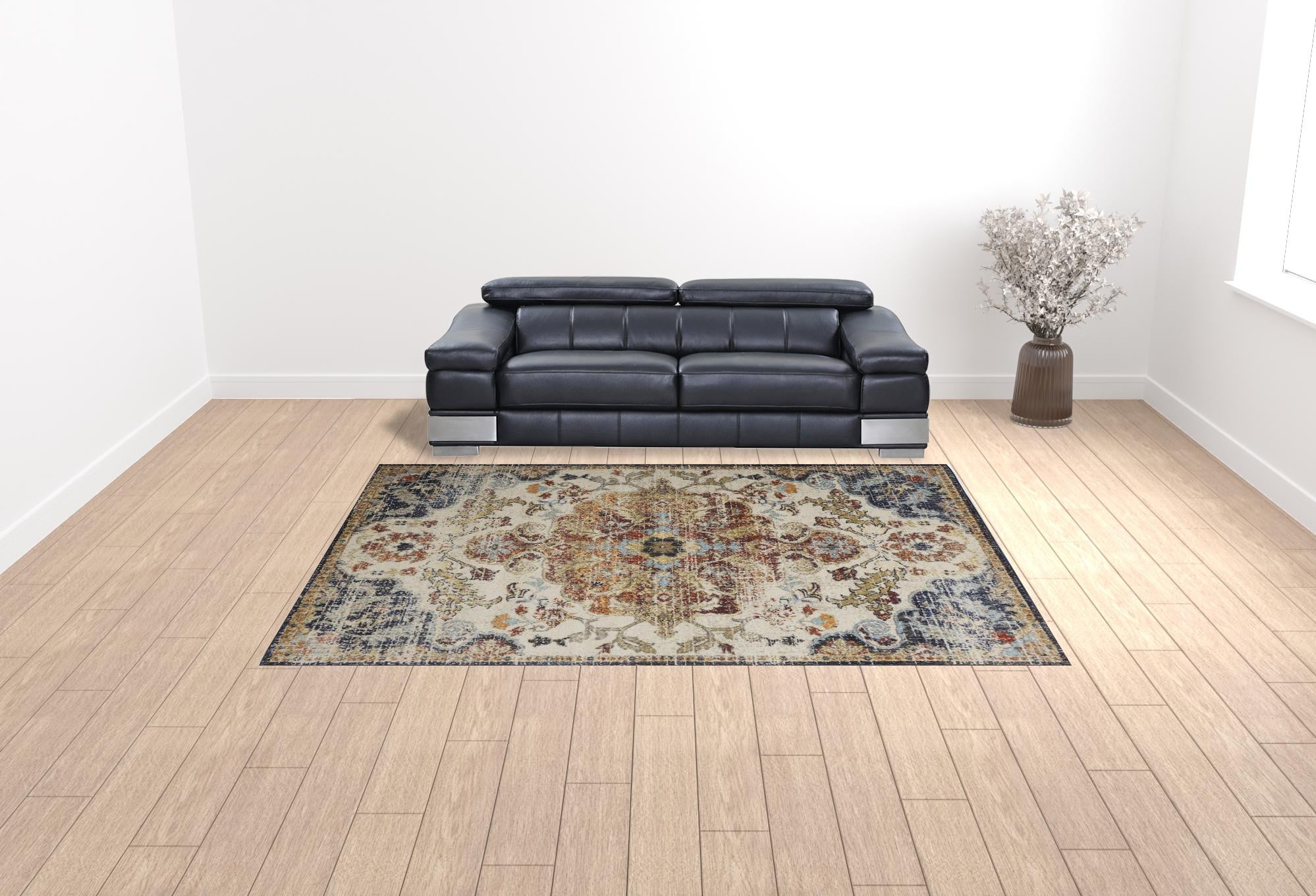 8' X 11' Ivory Gold And Blue Floral Stain Resistant Area Rug