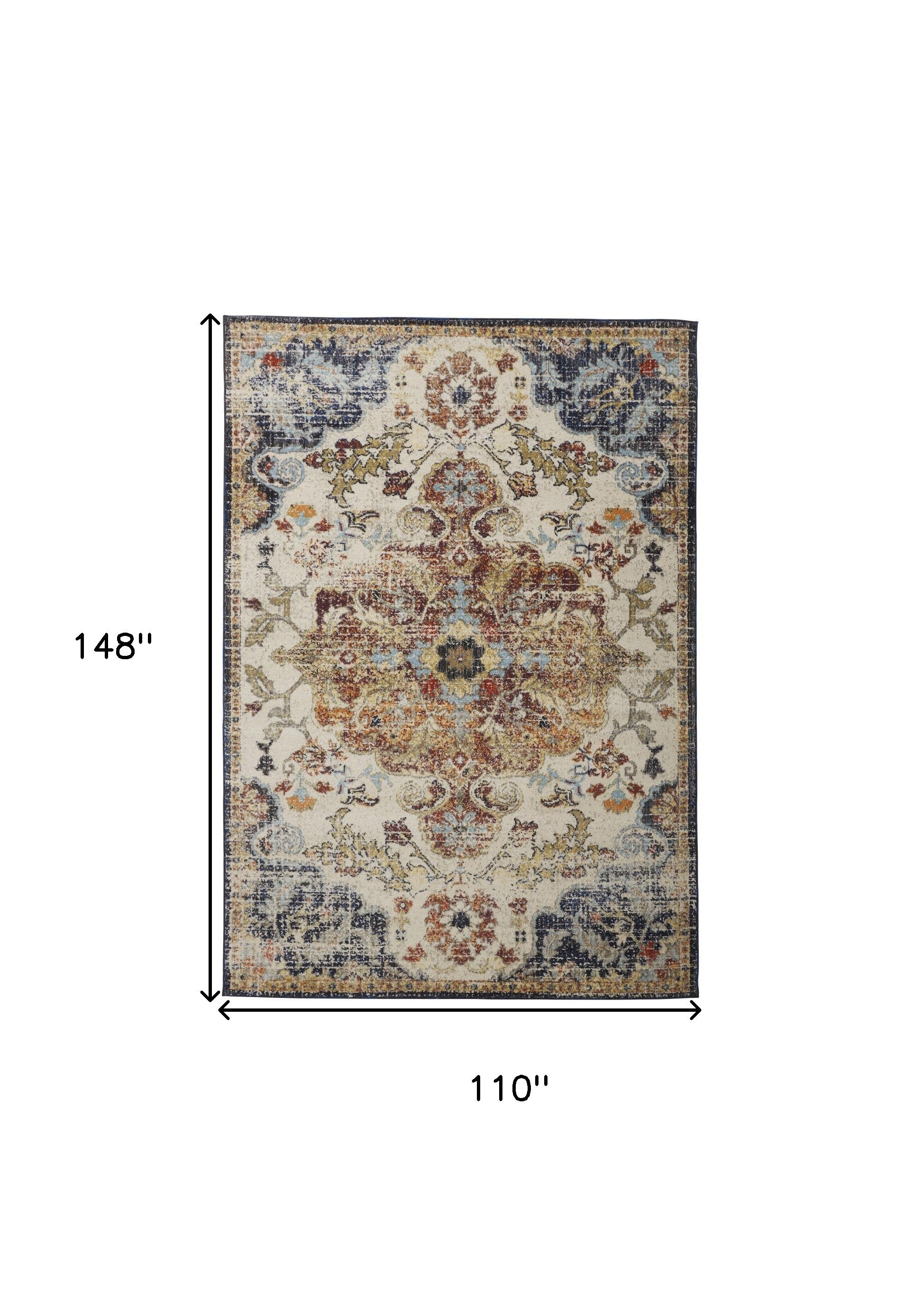 8' X 11' Ivory Gold And Blue Floral Stain Resistant Area Rug
