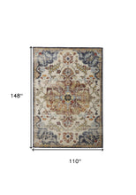 8' X 11' Ivory Gold And Blue Floral Stain Resistant Area Rug