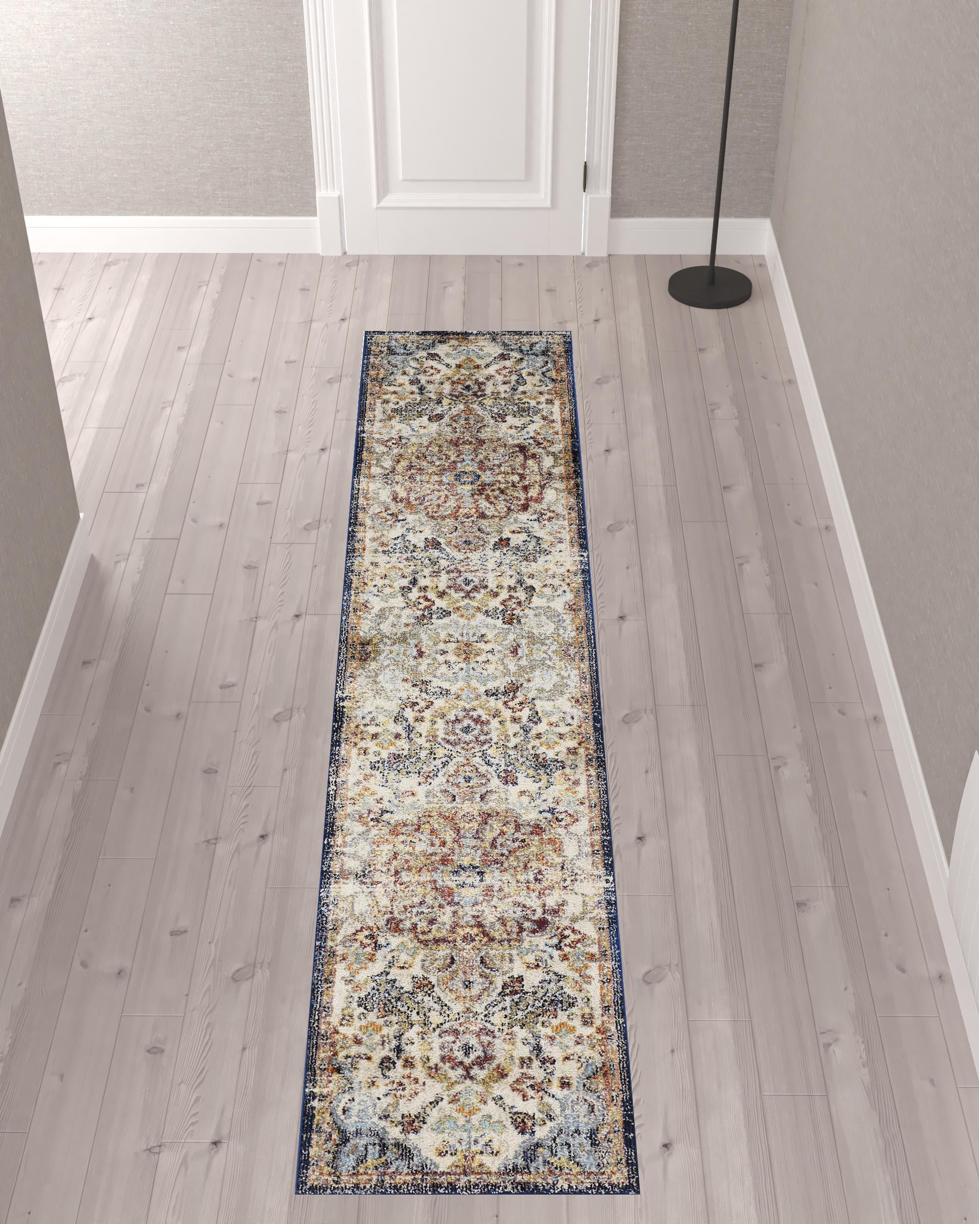 8' X 11' Ivory Gold And Blue Floral Stain Resistant Area Rug