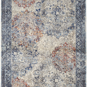 5' X 8' Blue Ivory And Red Floral Power Loom Distressed Stain Resistant Area Rug