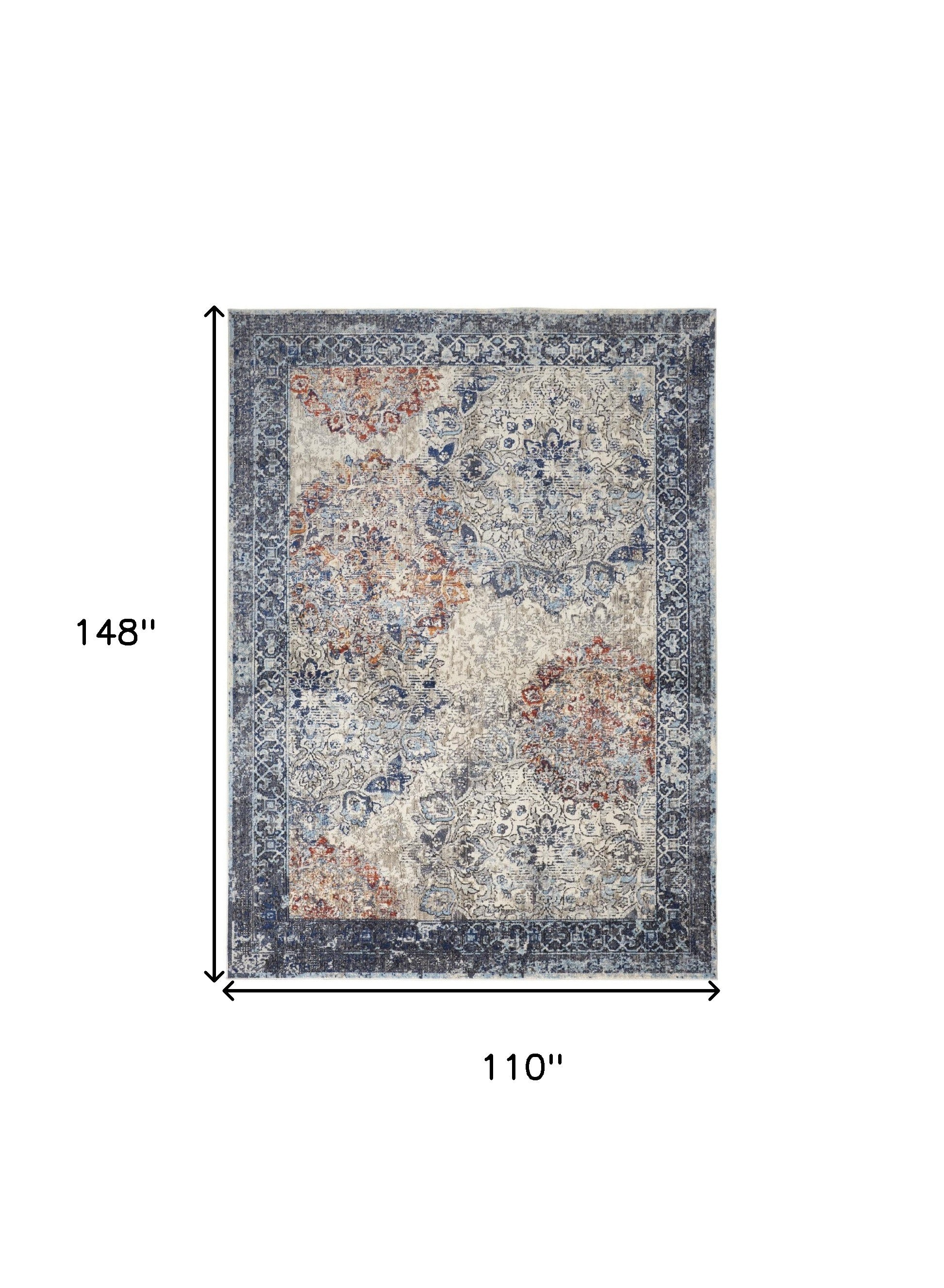 5' X 8' Blue Ivory And Red Floral Power Loom Distressed Stain Resistant Area Rug