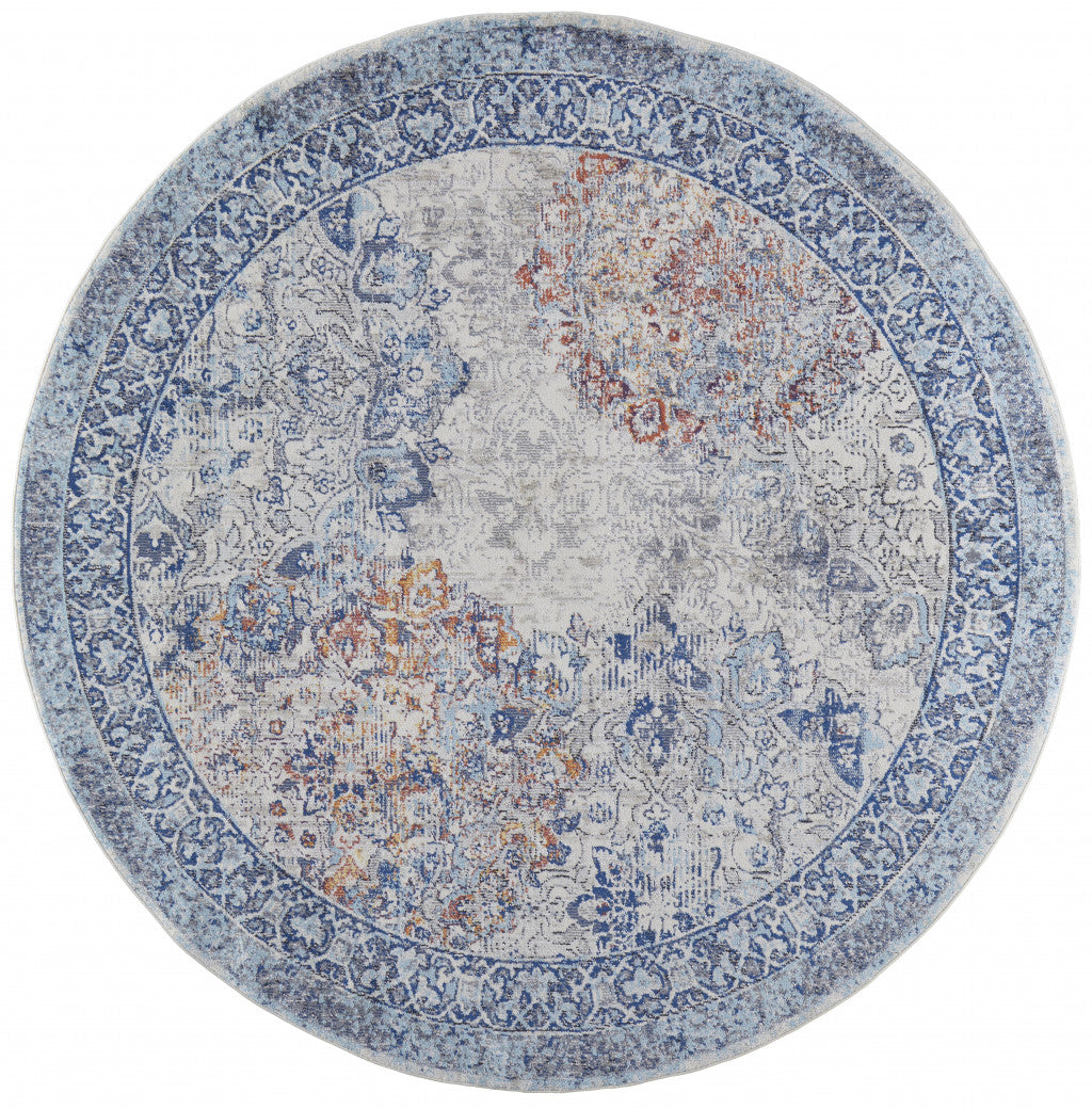 5' X 8' Blue Ivory And Red Floral Power Loom Distressed Stain Resistant Area Rug