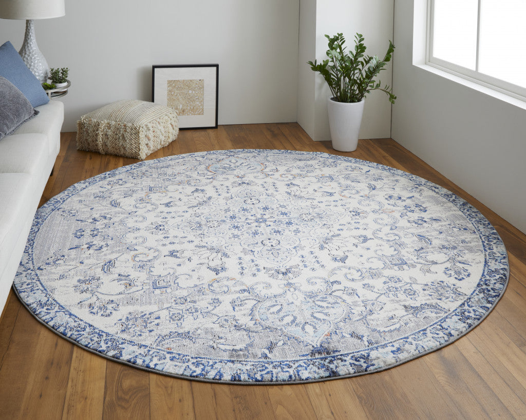 5' X 8' Ivory Gray And Blue Floral Power Loom Distressed Stain Resistant Area Rug