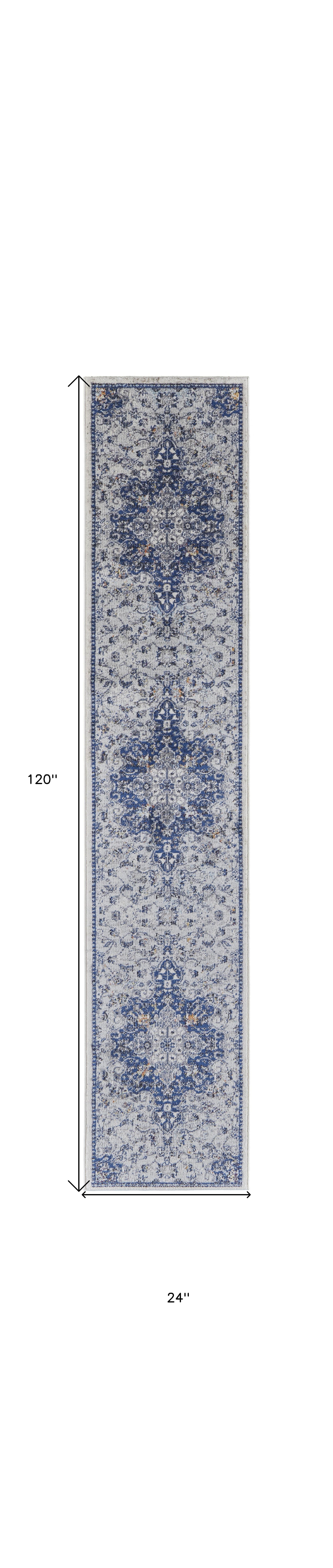 5' X 8' Gray Ivory And Blue Floral Power Loom Distressed Stain Resistant Area Rug