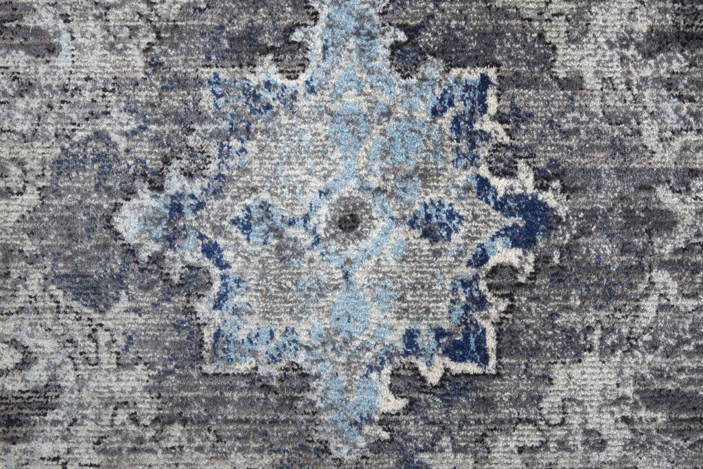 5' X 8' Ivory Taupe And Blue Floral Power Loom Distressed Stain Resistant Area Rug