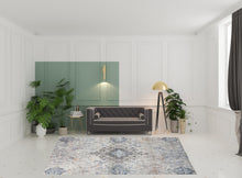 5' X 8' Ivory Taupe And Blue Floral Power Loom Distressed Stain Resistant Area Rug