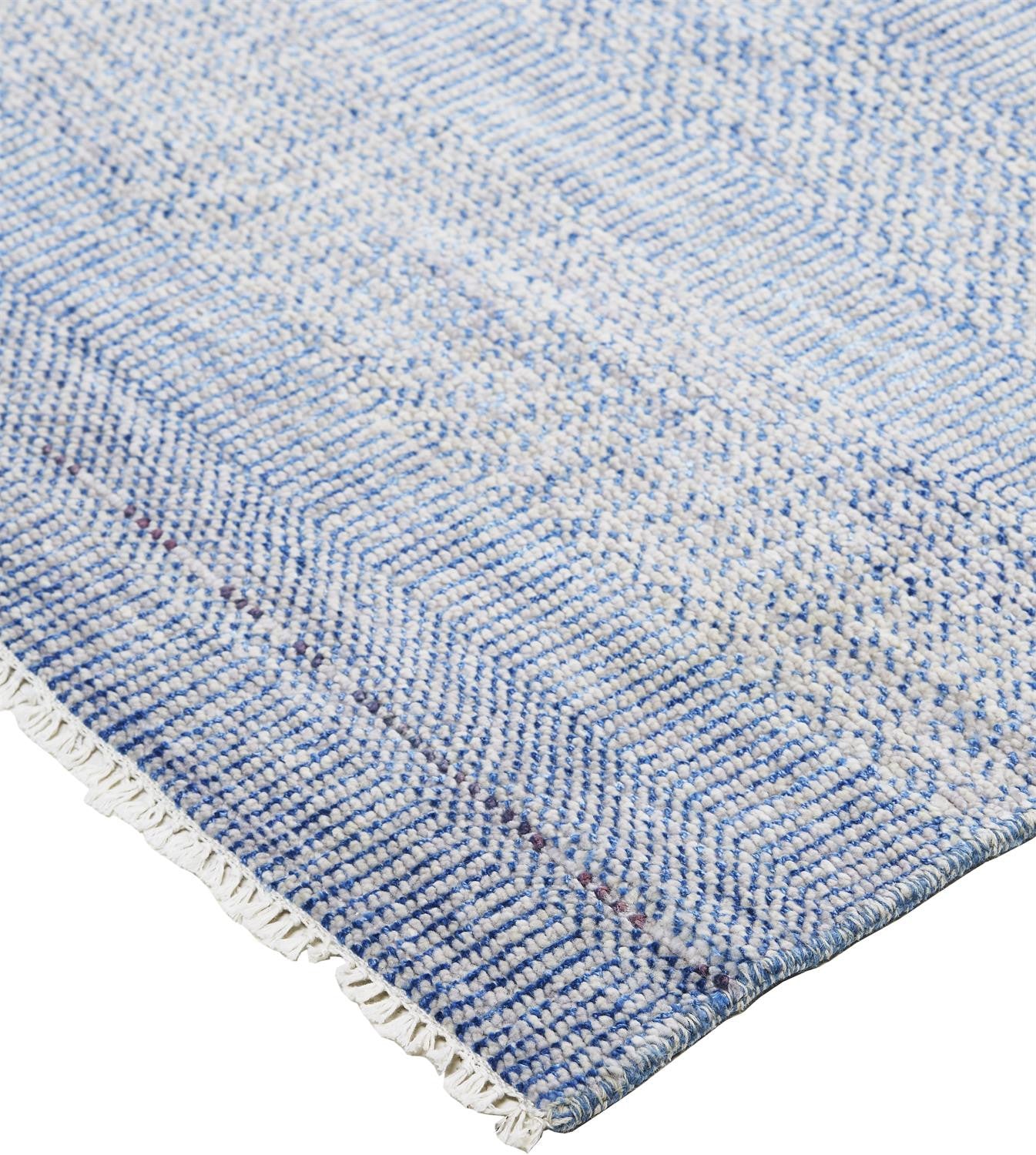 12' Blue And Silver Wool Striped Hand Knotted Runner Rug