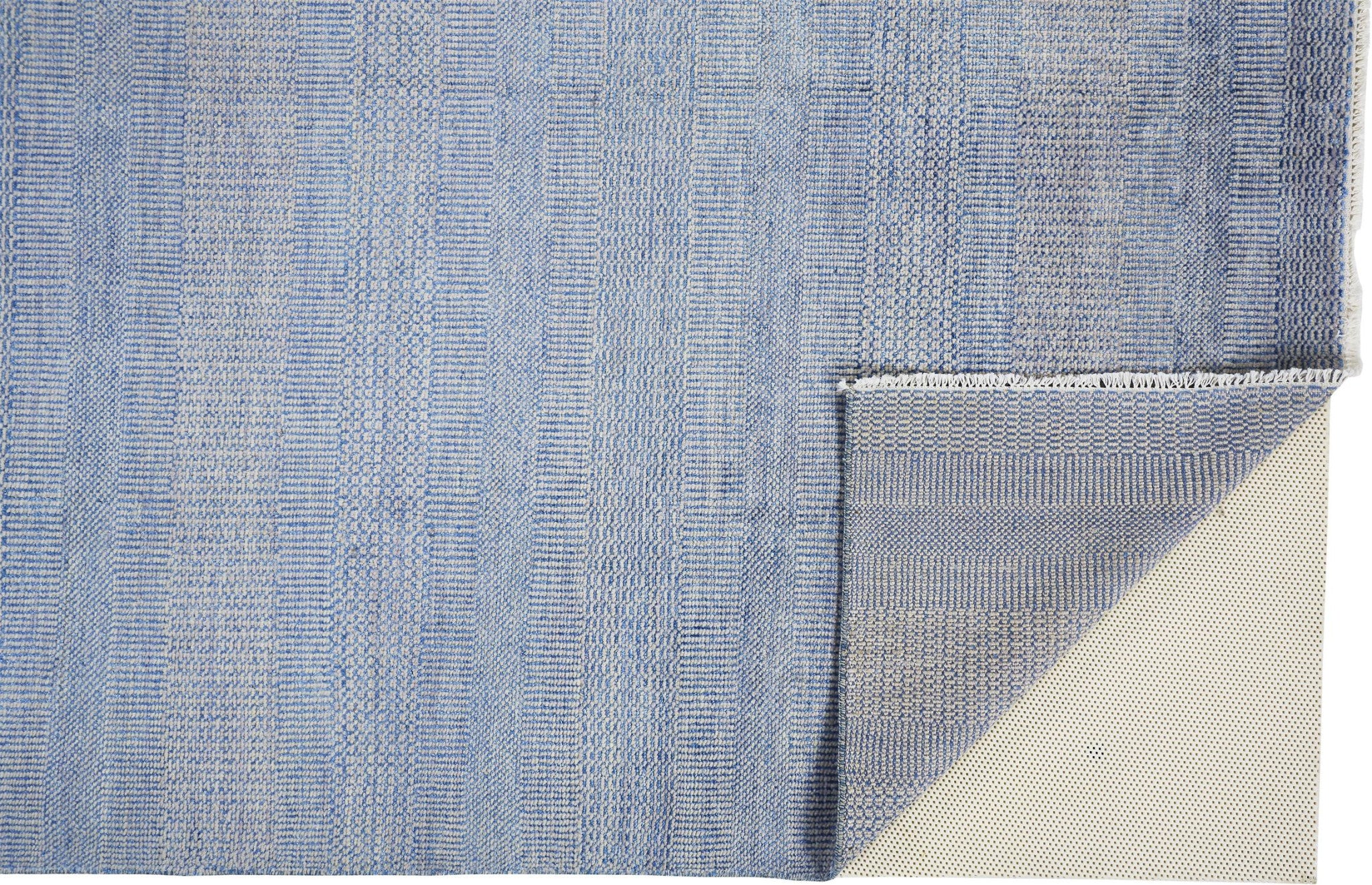 12' Blue And Silver Wool Striped Hand Knotted Runner Rug