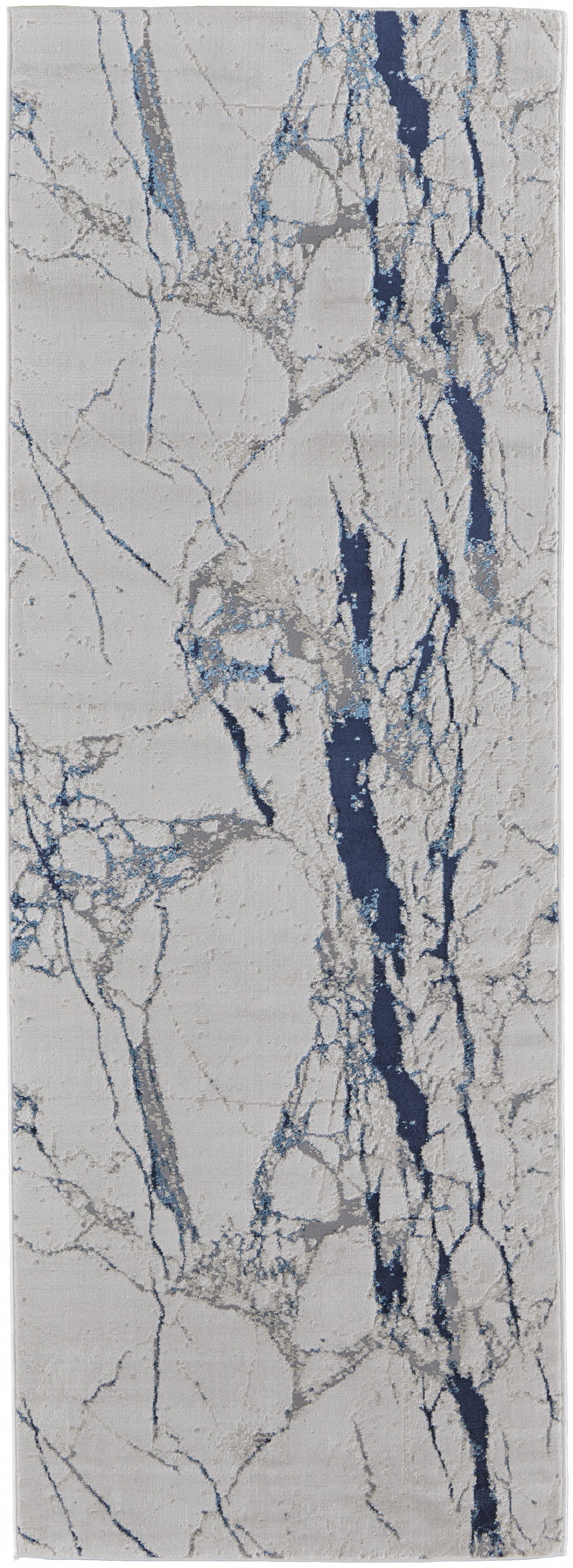 8' Ivory Blue And Black Abstract Power Loom Distressed Runner Rug