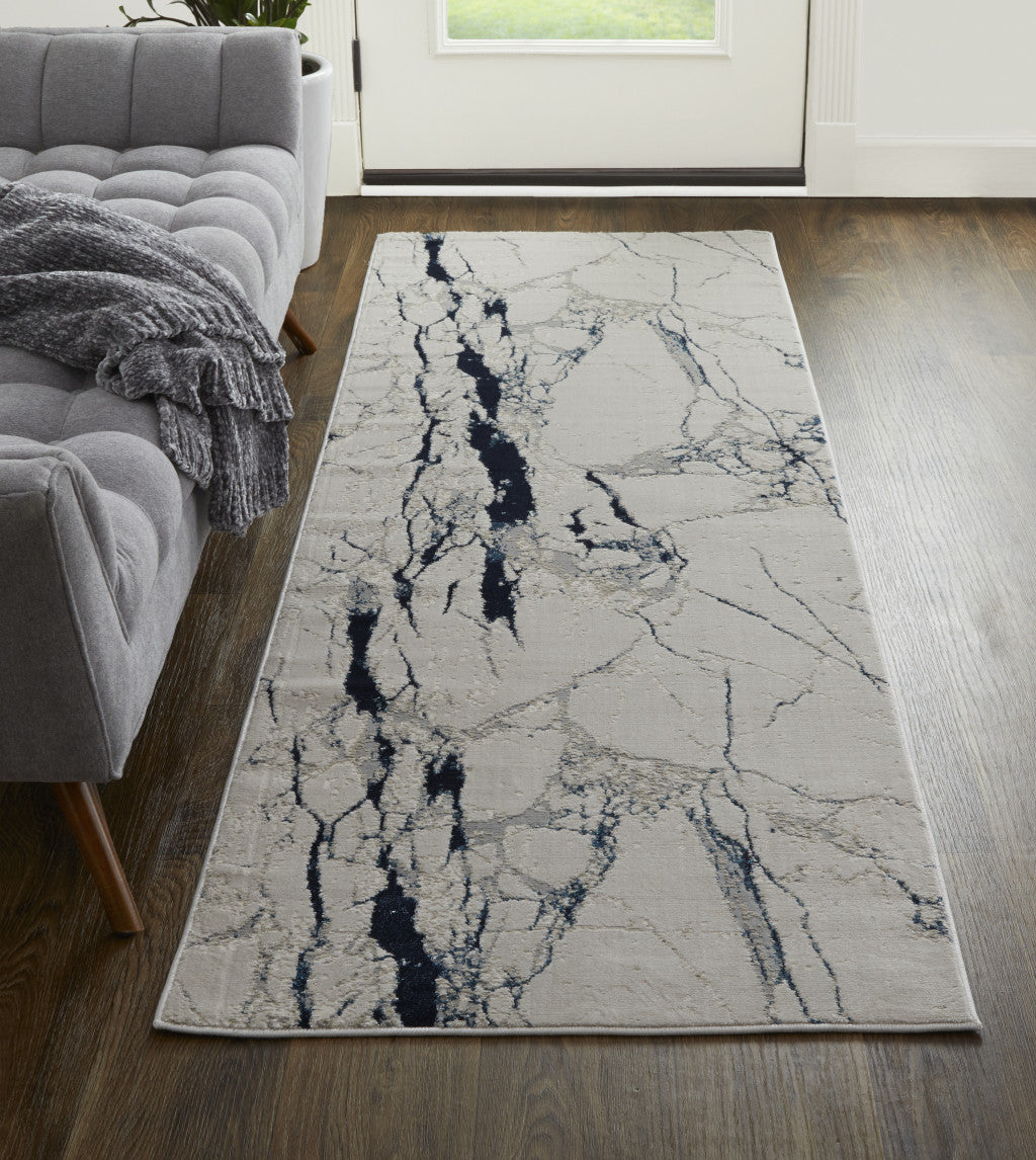 8' Ivory Blue And Black Abstract Power Loom Distressed Runner Rug