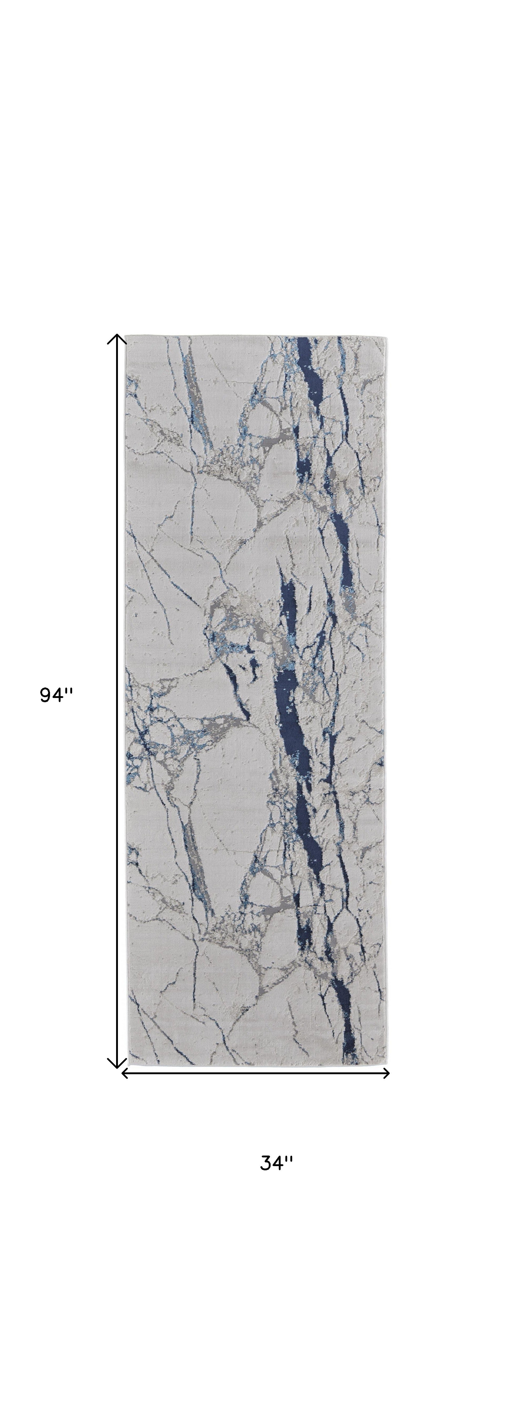 8' Ivory Blue And Black Abstract Power Loom Distressed Runner Rug