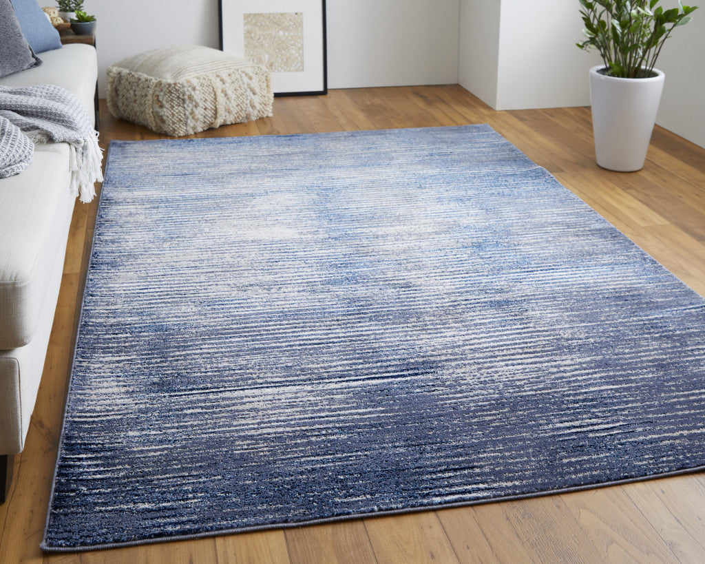 Blue Gray And Ivory Striped Power Loom Distressed Area Rug 4' x 6'