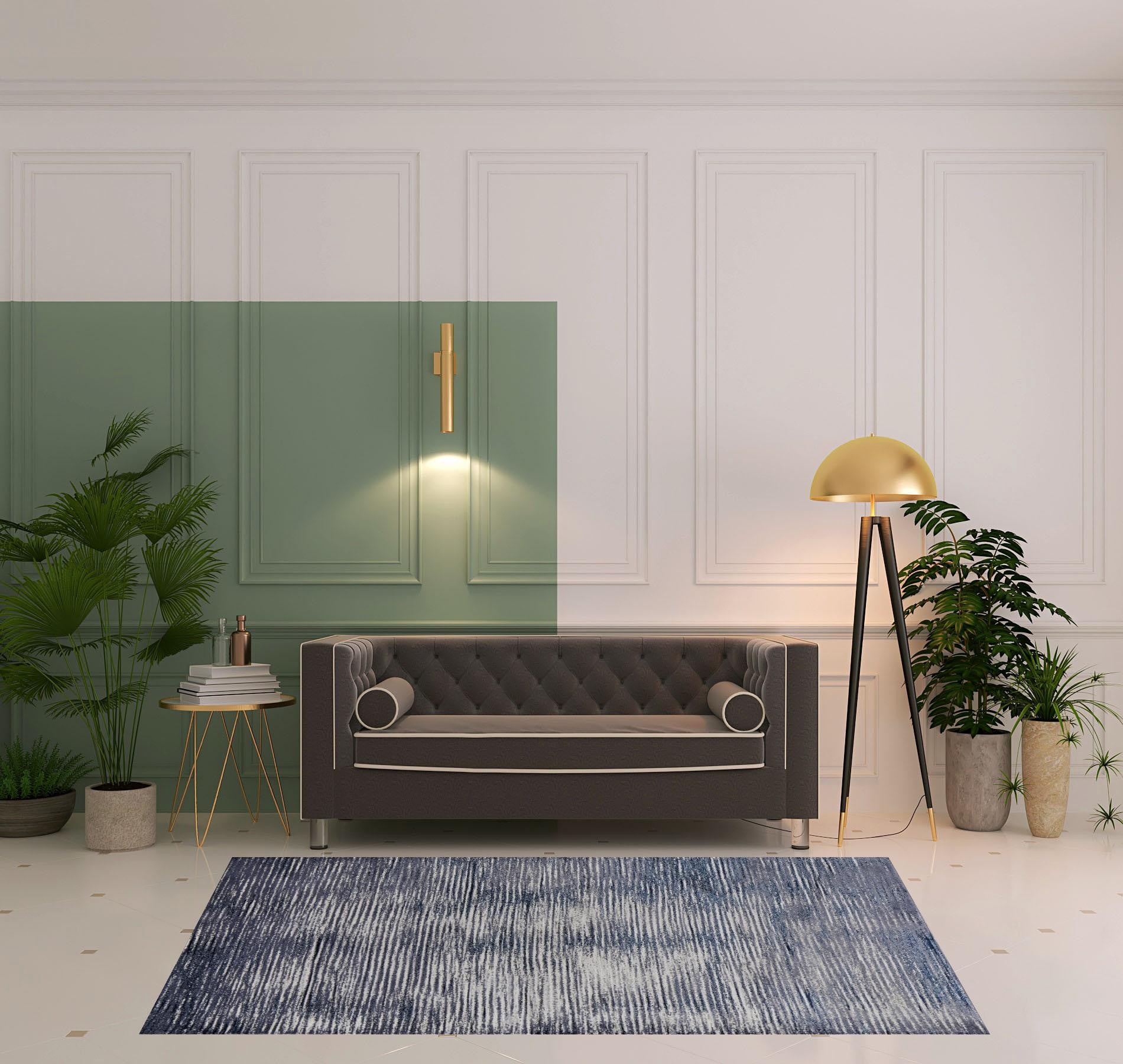 Blue Gray And Ivory Striped Power Loom Distressed Area Rug 4' x 6'