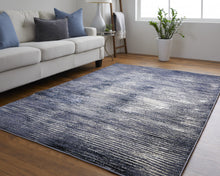 Blue Gray And Ivory Striped Power Loom Distressed Area Rug 4' x 6'