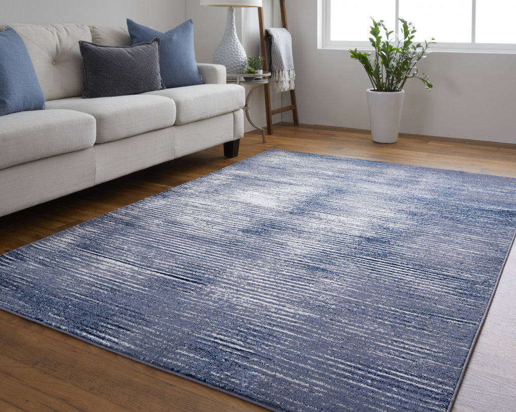 Blue Gray And Ivory Striped Power Loom Distressed Area Rug 4' x 6'