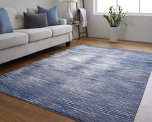 Blue Gray And Ivory Striped Power Loom Distressed Area Rug 4' x 6'