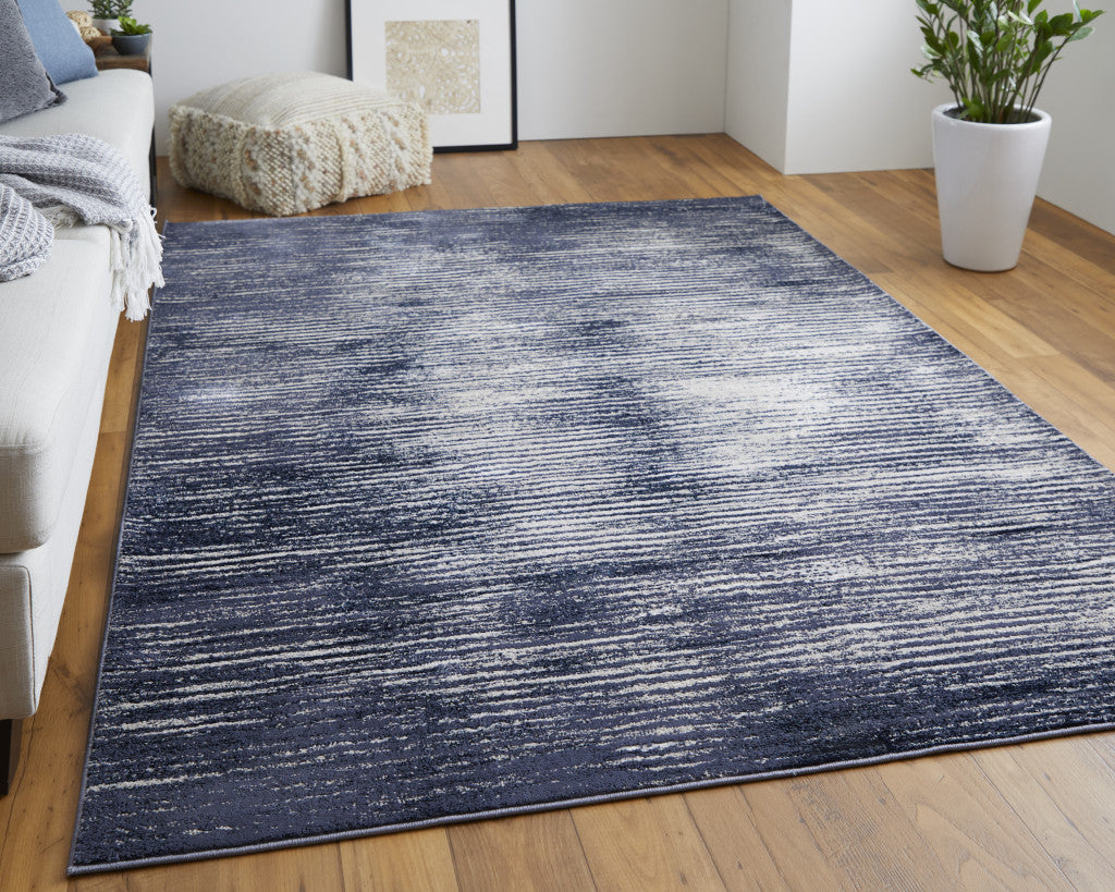 Blue Gray And Ivory Striped Power Loom Distressed Area Rug 4' x 6'