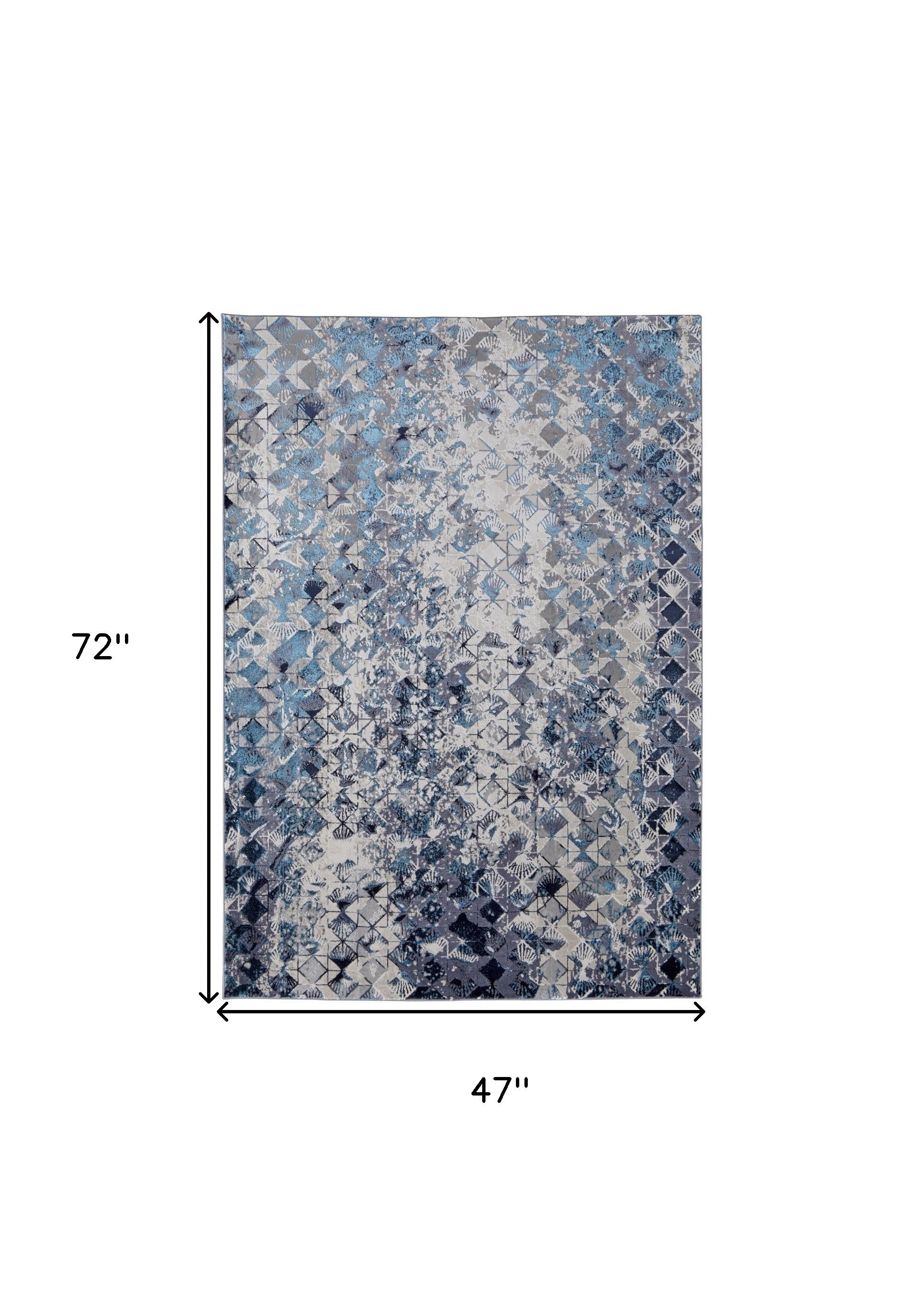 Blue Ivory And Gray Geometric Power Loom Distressed Area Rug - 4' X 6'