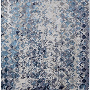 Blue Ivory And Gray Geometric Power Loom Distressed Area Rug - 4' X 6'