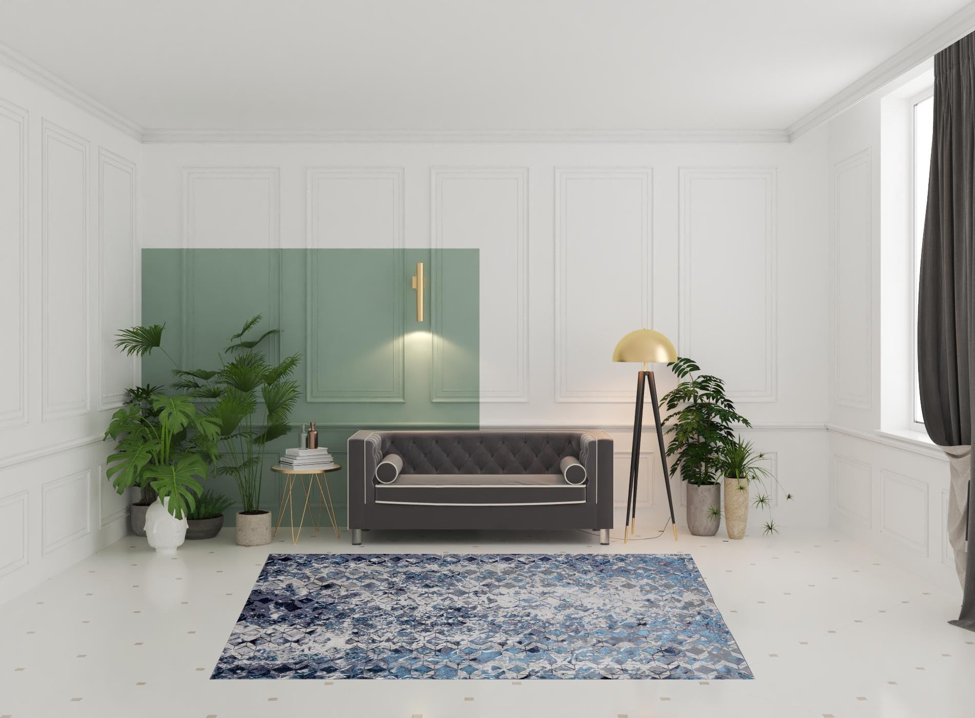 Blue Ivory And Gray Geometric Power Loom Distressed Area Rug - 4' X 6'