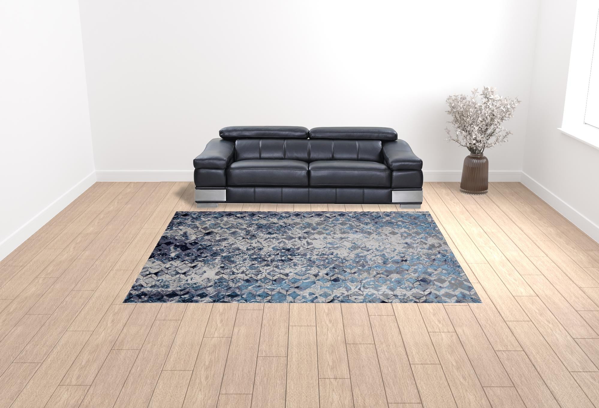Blue Ivory And Gray Geometric Power Loom Distressed Area Rug - 4' X 6'