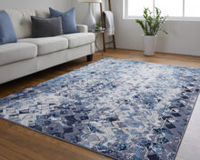 Blue Ivory And Gray Geometric Power Loom Distressed Area Rug - 4' X 6'