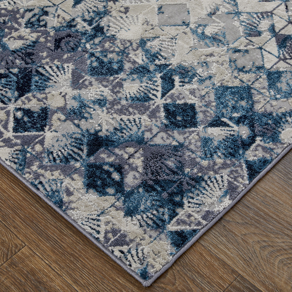 Blue Ivory And Gray Geometric Power Loom Distressed Area Rug - 4' X 6'