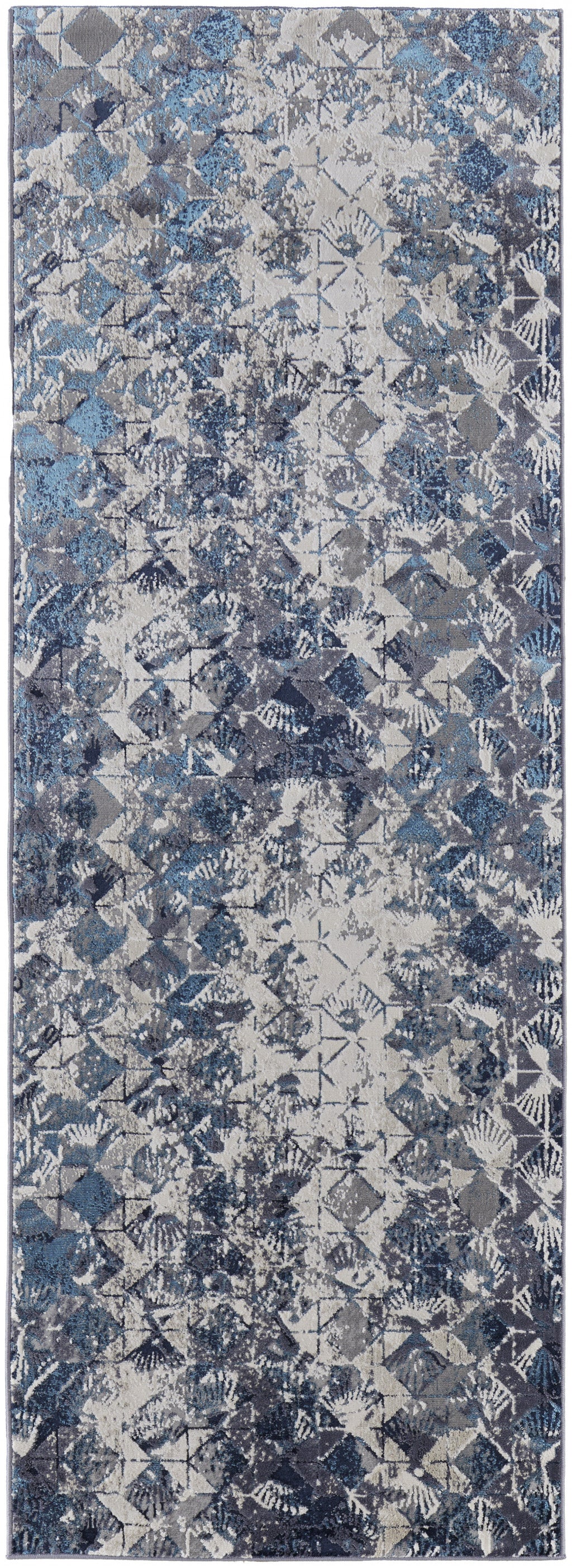 Blue Ivory And Gray Geometric Power Loom Distressed Area Rug - 4' X 6'