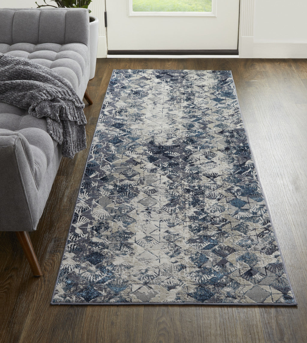Blue Ivory And Gray Geometric Power Loom Distressed Area Rug - 4' X 6'