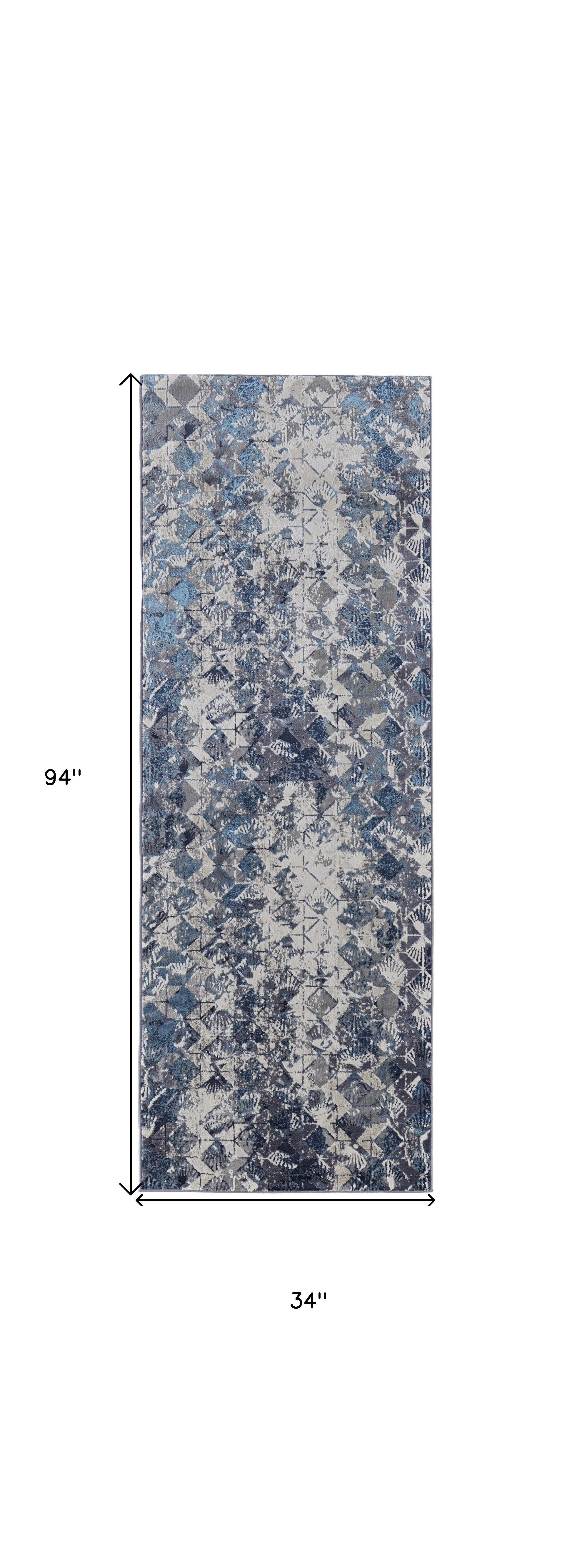 Blue Ivory And Gray Geometric Power Loom Distressed Area Rug - 4' X 6'