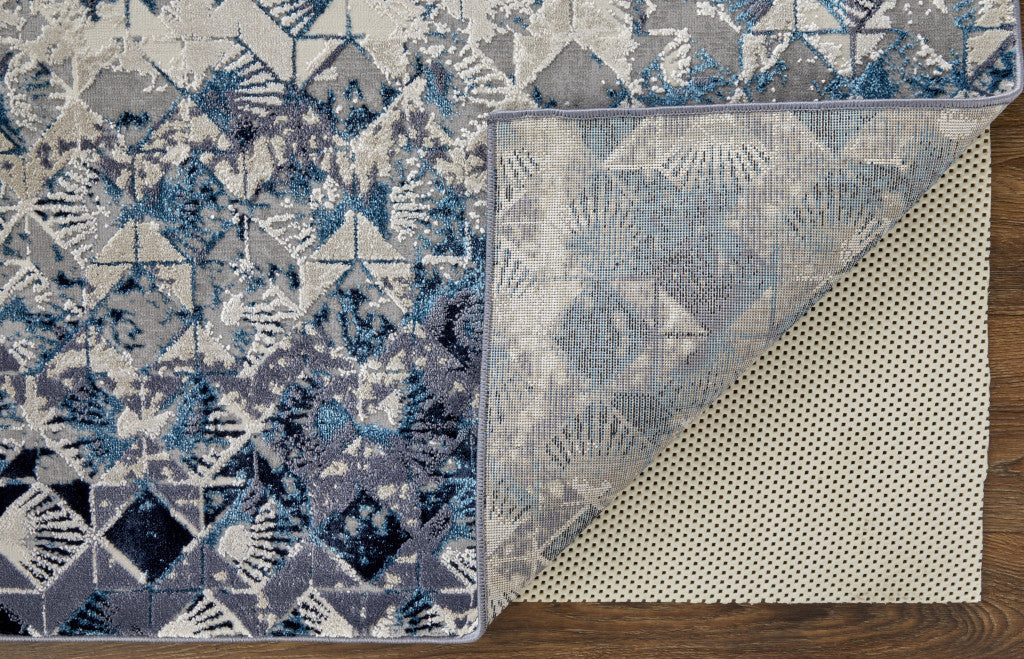 Blue Ivory And Gray Geometric Power Loom Distressed Area Rug - 4' X 6'