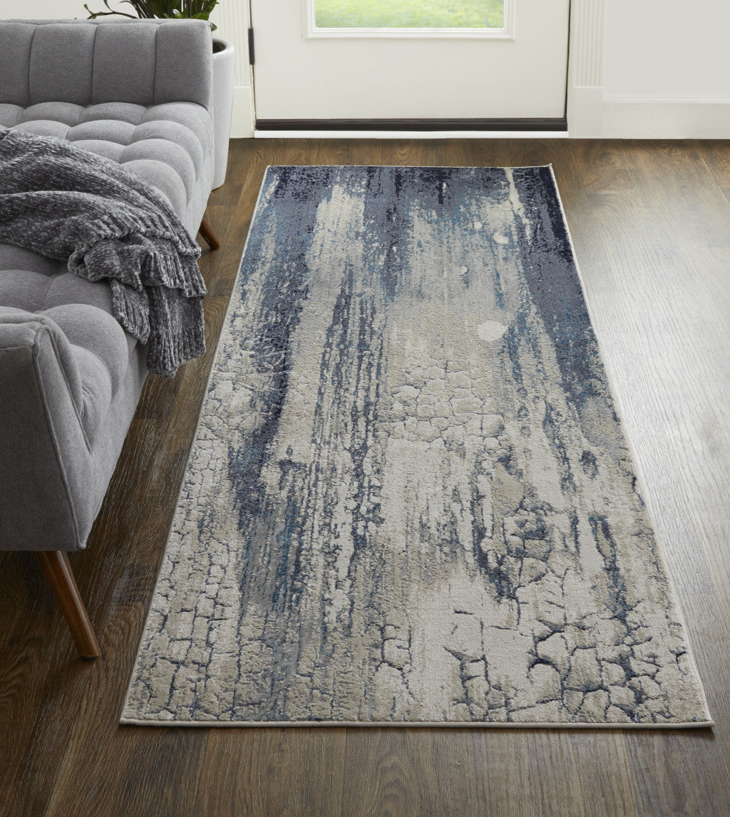 4' X 6' Ivory Blue And Black Abstract Power Loom Distressed Area Rug