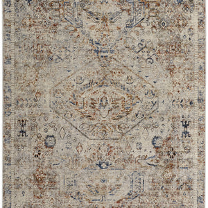 5' X 8' Tan Orange And Red Floral Power Loom Distressed Area Rug With Fringe