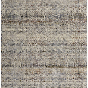 5' X 8' Tan Ivory And Blue Geometric Power Loom Distressed Area Rug With Fringe