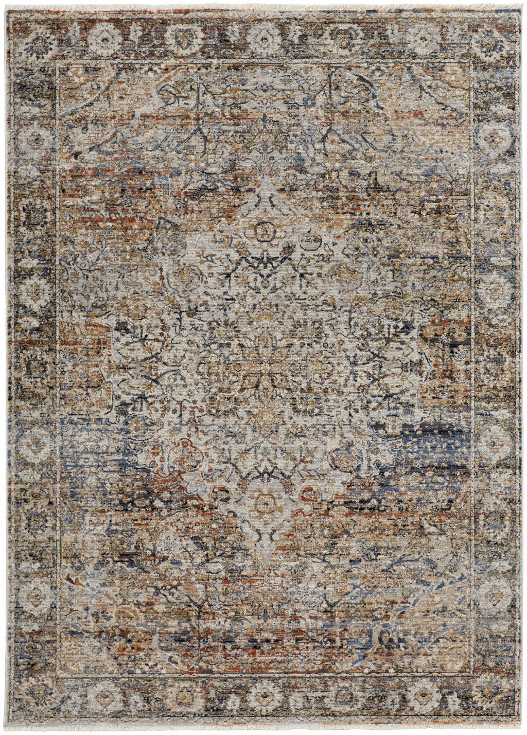 Tan Orange And Blue Floral Power Loom Distressed Area Rug With Fringe - 5' x 8'