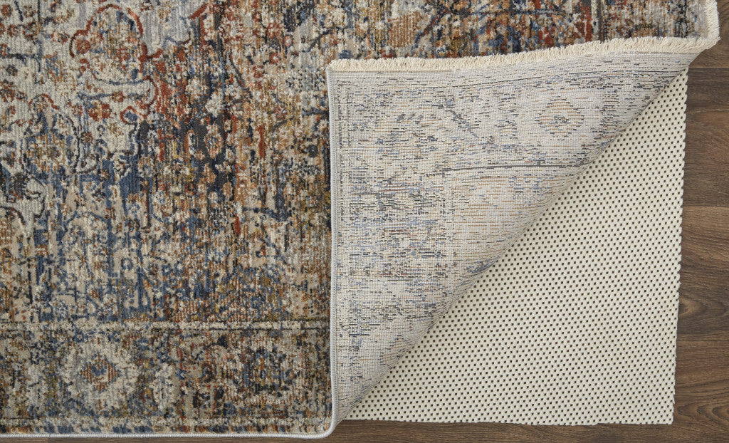 Tan Orange And Blue Floral Power Loom Distressed Area Rug With Fringe - 5' x 8'