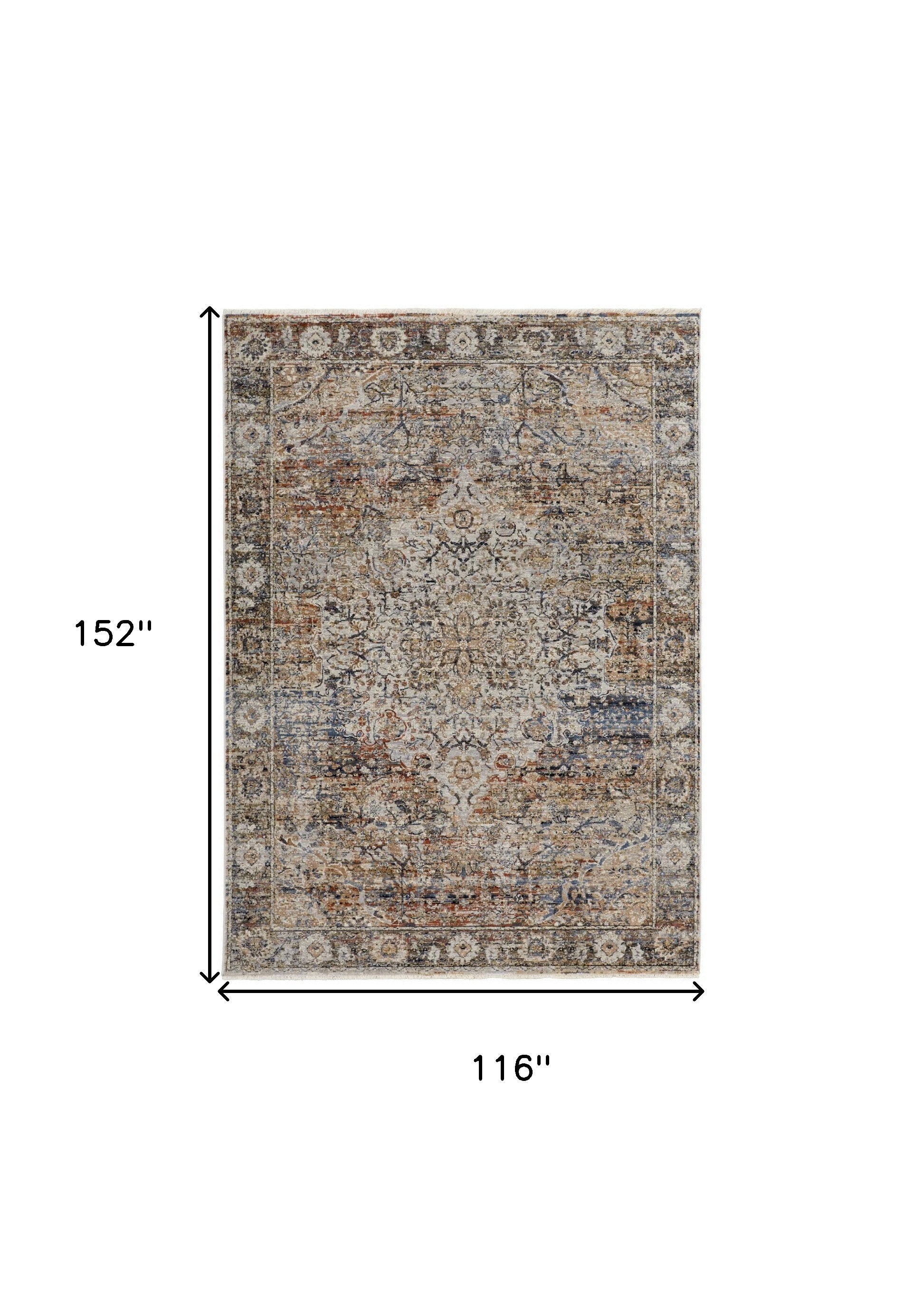 Tan Orange And Blue Floral Power Loom Distressed Area Rug With Fringe - 5' x 8'