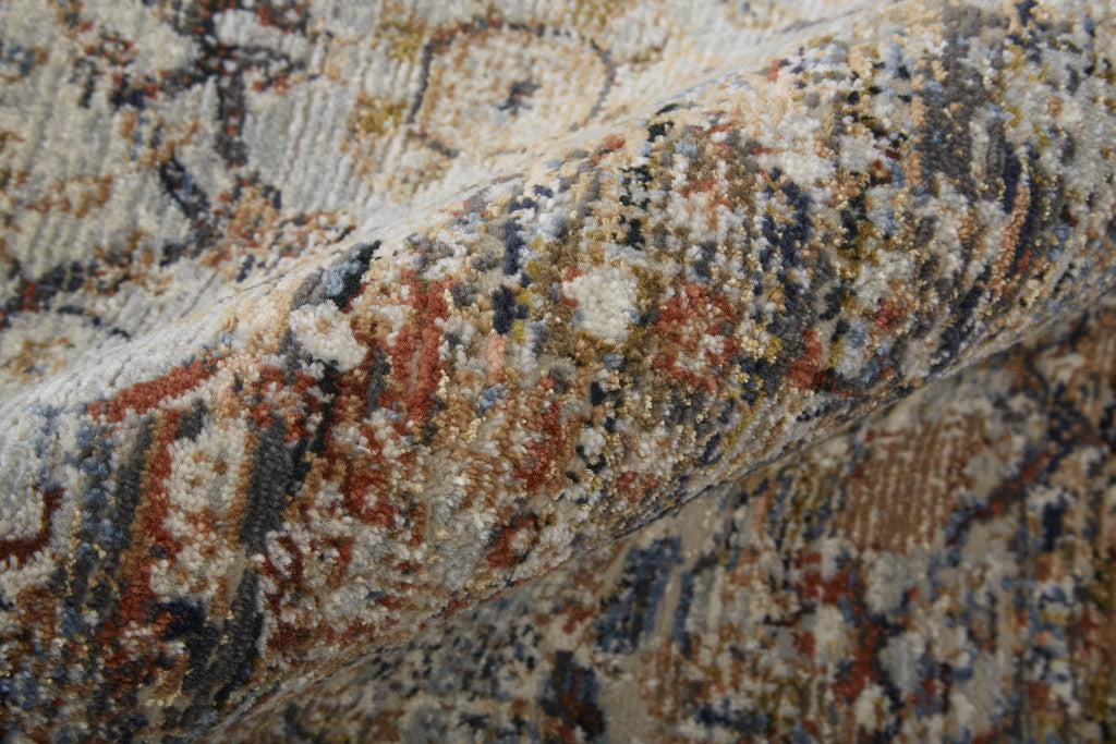 Tan Orange And Blue Floral Power Loom Distressed Area Rug With Fringe - 5' x 8'