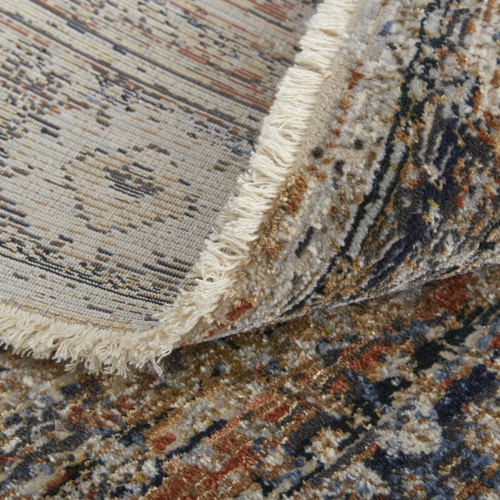 Tan Orange And Blue Floral Power Loom Distressed Area Rug With Fringe - 5' x 8'