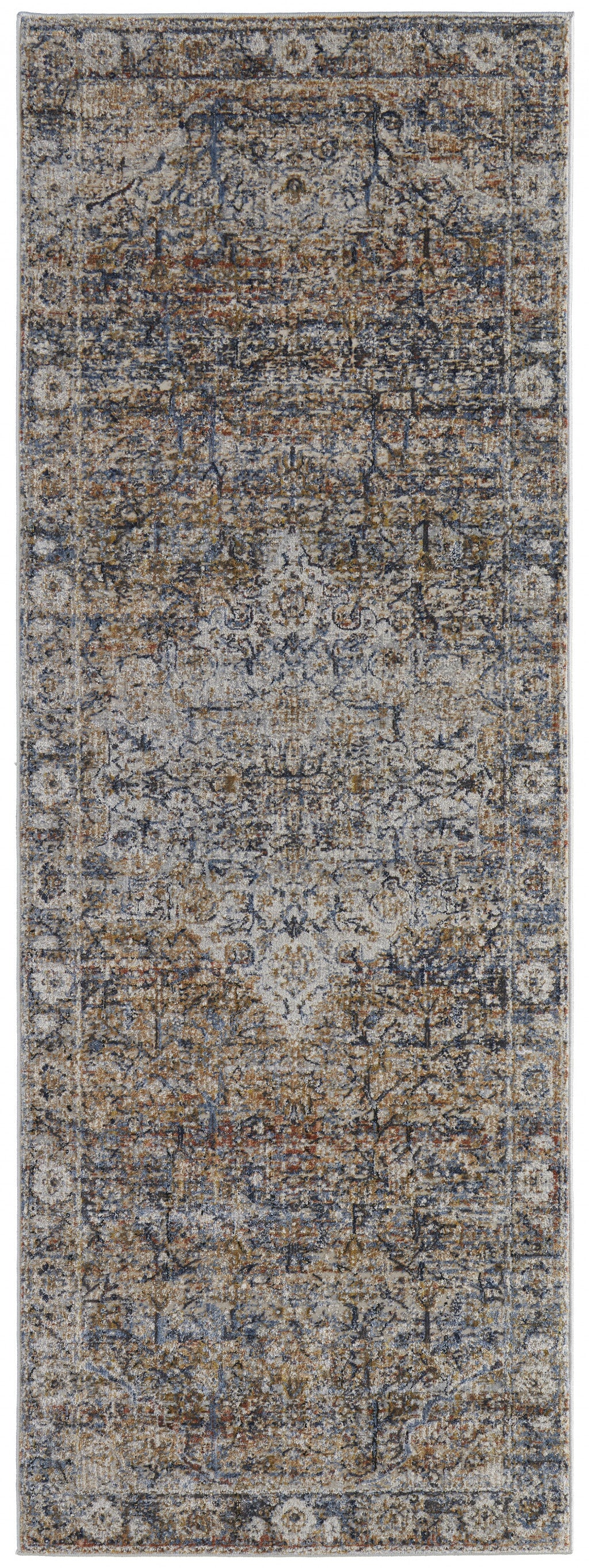 Tan Orange And Blue Floral Power Loom Distressed Area Rug With Fringe - 5' x 8'