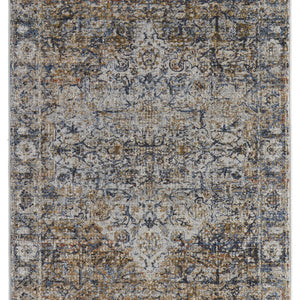 Tan Orange And Blue Floral Power Loom Distressed Area Rug With Fringe - 5' x 8'