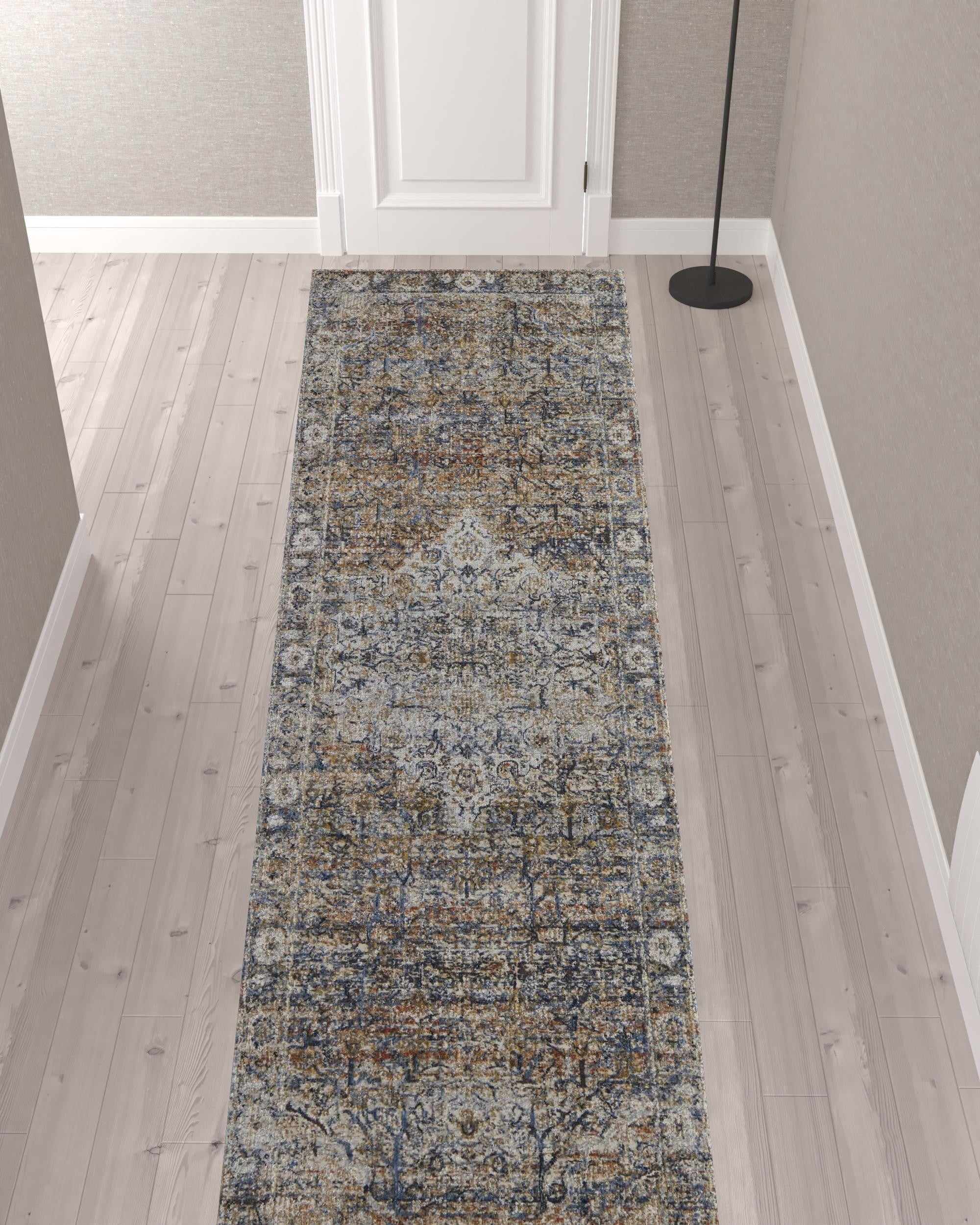 Tan Orange And Blue Floral Power Loom Distressed Area Rug With Fringe - 5' x 8'