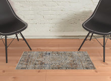 Tan Orange And Blue Floral Power Loom Distressed Area Rug With Fringe - 5' x 8'